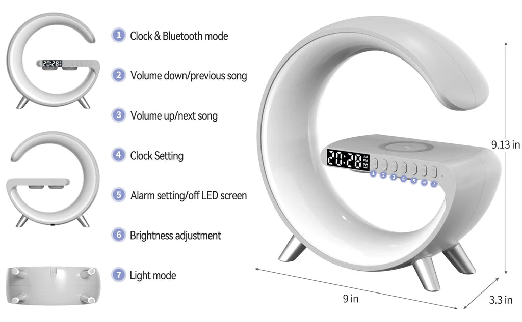 BT large G table lamp with clock strap, Wireless Charging Device with Digital Sunrise - Image 3
