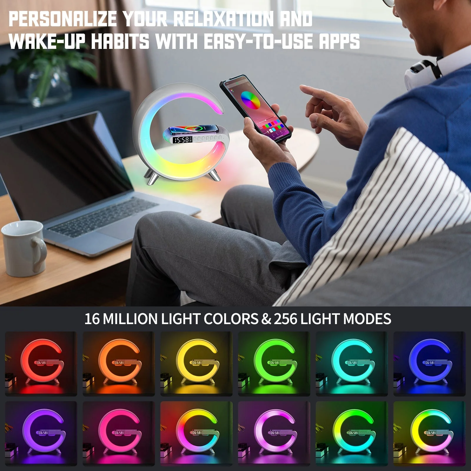 BT large G table lamp with clock strap, Wireless Charging Device with Digital Sunrise - Image 5
