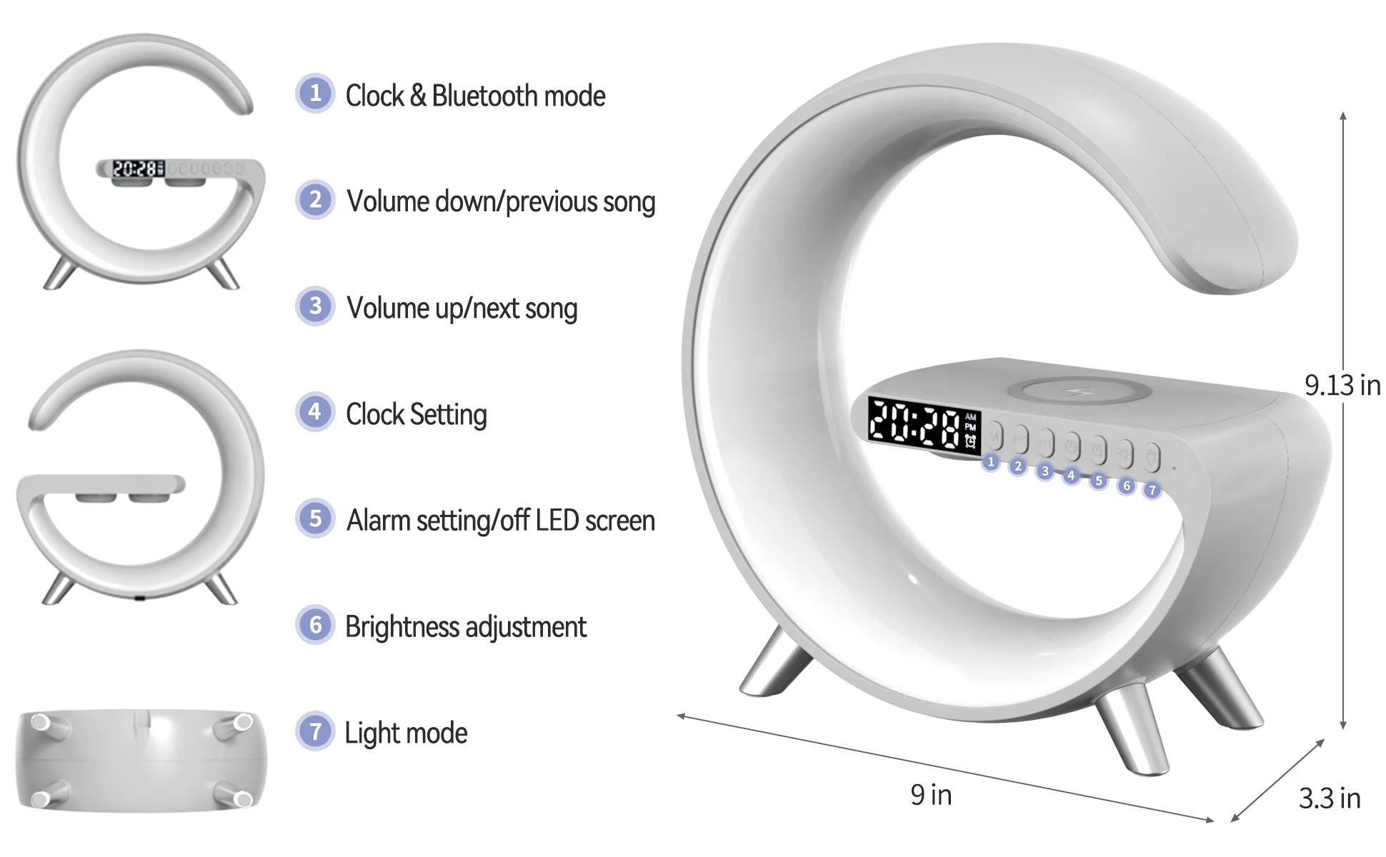 BT large G table lamp with clock strap, Wireless Charging Device with Digital Sunrise - Image 8