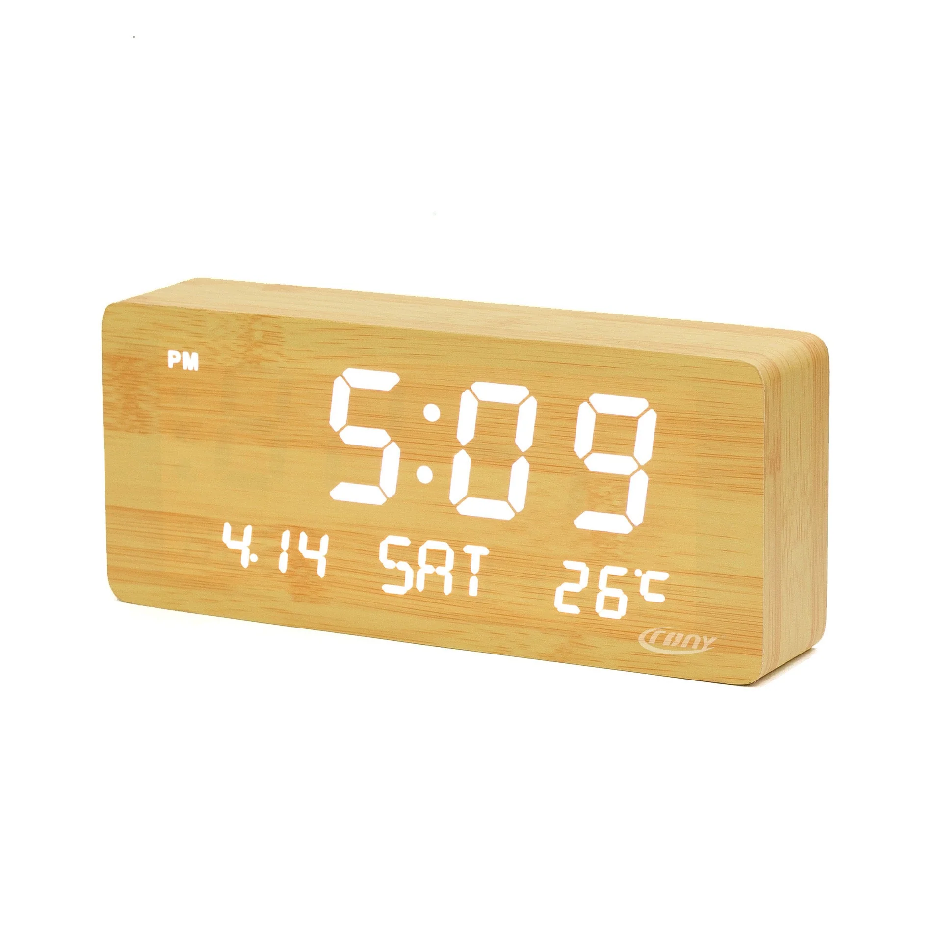 CRONY 1501 LED Perpetual Calendar Week Wooden Alarm Clock Thermometer Weekday Alarm Clock