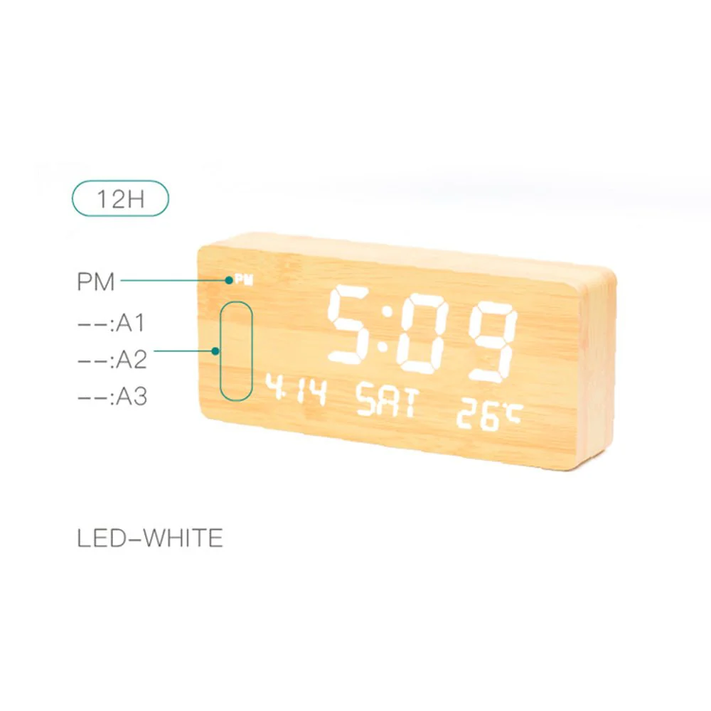 CRONY 1501 LED Perpetual Calendar Week Wooden Alarm Clock Thermometer Weekday Alarm Clock - Image 2