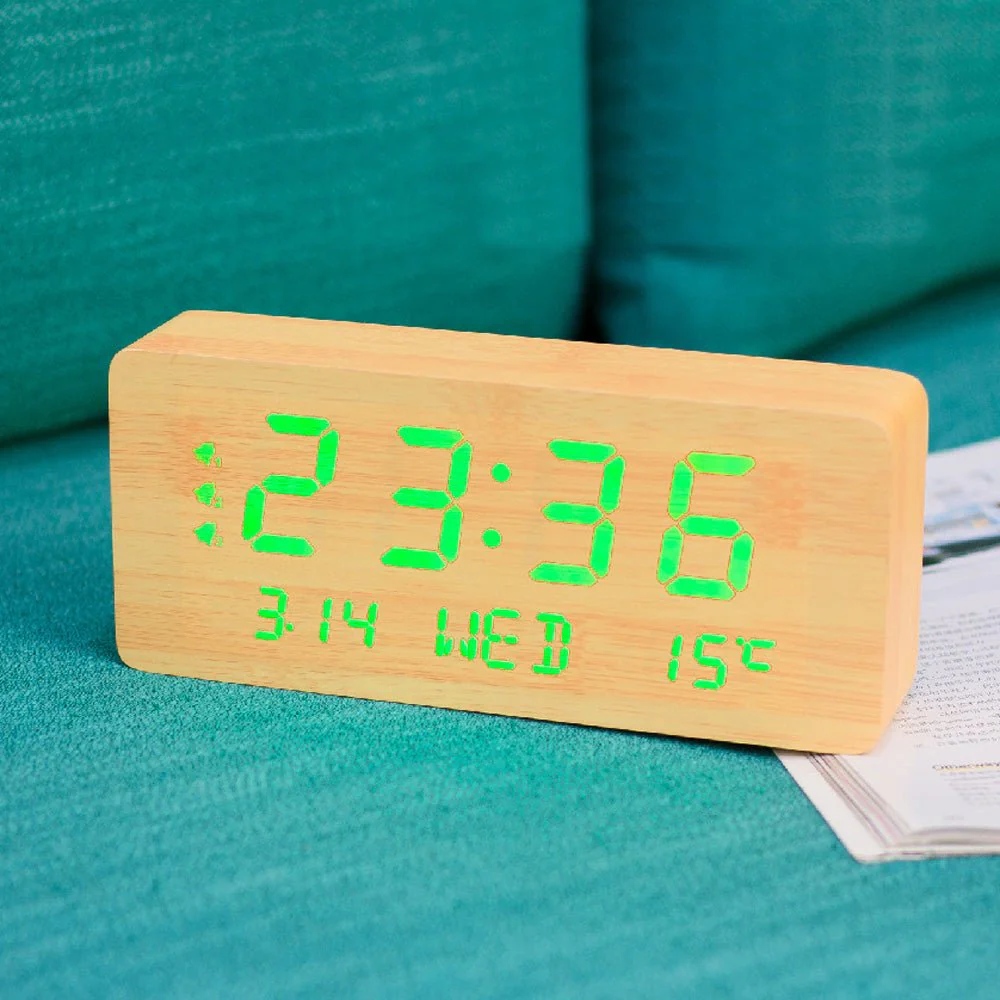 CRONY 1501 LED Perpetual Calendar Week Wooden Alarm Clock Thermometer Weekday Alarm Clock - Image 4