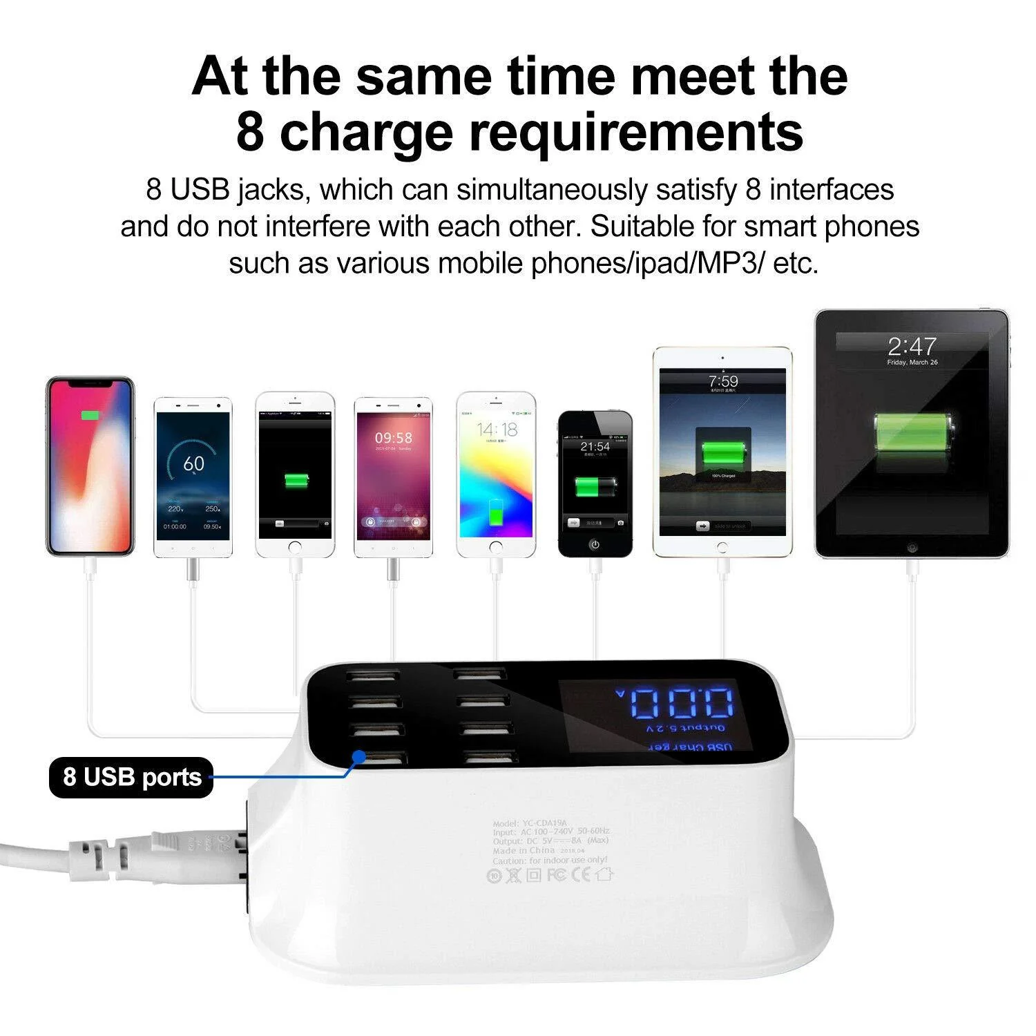 CRONY YC-CDA19 8-Port USB Charger Adapter Desktop Wall Charger Smart LED Display - Image 5