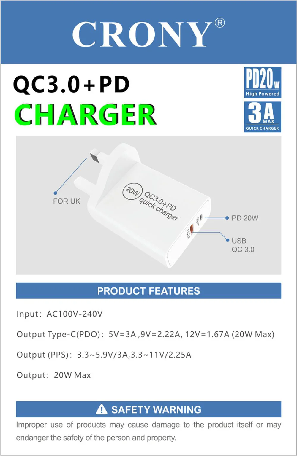 CRONY CR-004 PD20W+QC3.0 Fast Charger - Image 4