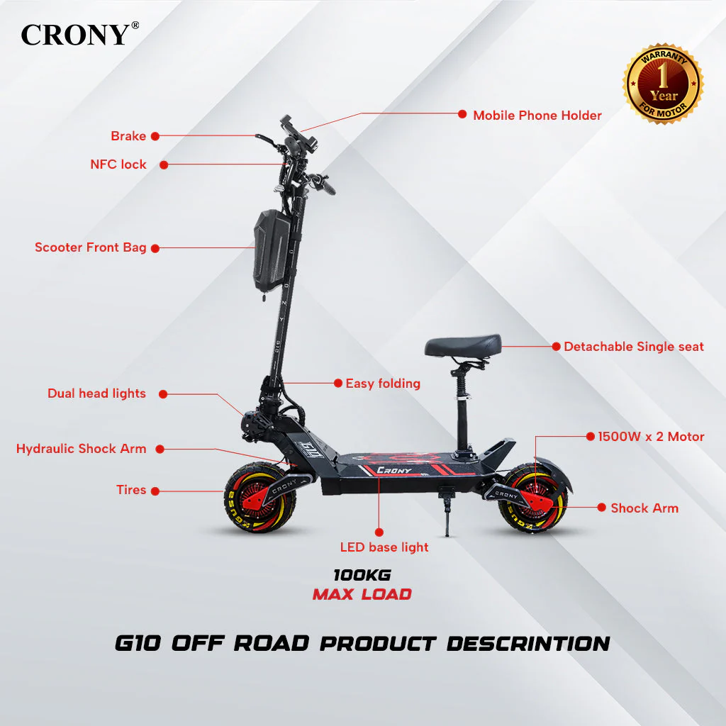 CRONY G10 Electric Scooter 1500Wx2 Motors 48V/25AH Battery 45-75KM Range Oil Brakes Front/Rear Suspension 10" Off-Road Tires Scooter Front Bag - Image 4