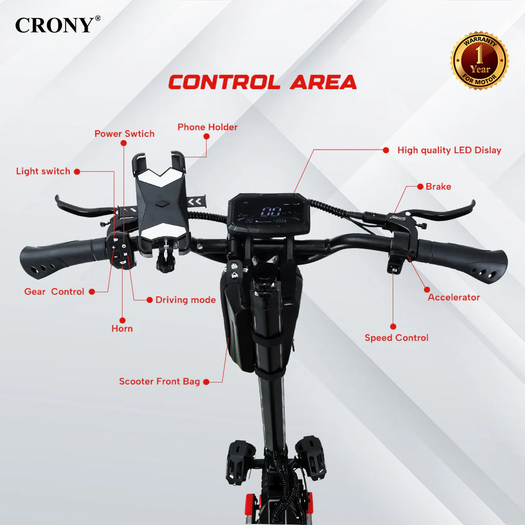 CRONY G10 Electric Scooter 1500Wx2 Motors 48V/25AH Battery 45-75KM Range Oil Brakes Front/Rear Suspension 10" Off-Road Tires Scooter Front Bag - Image 5