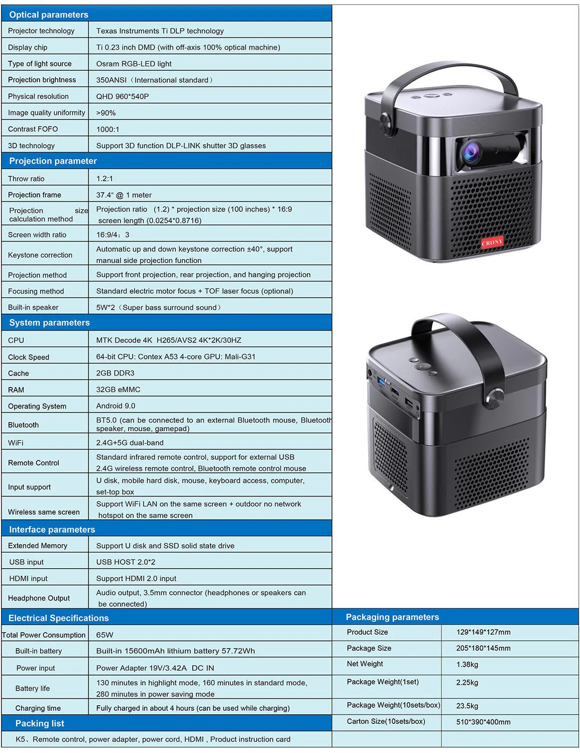 CRONY K5+ upright Projector with BT speaker 3D Smart DLP Projector 800 ANSI Lumens 1080P Portable Outdoor DLP 4k Projector - Image 24