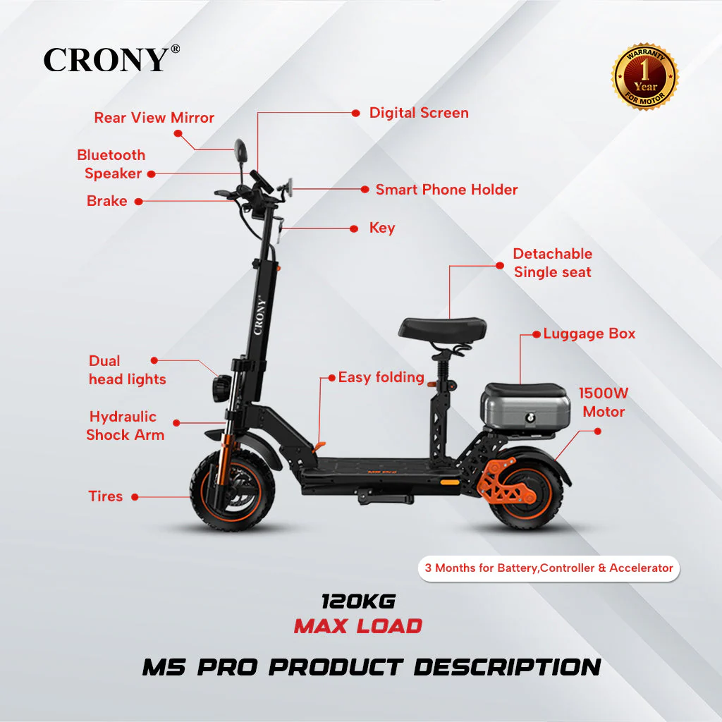 CRONY M5 Pro Electric Scooter for Adults Kids 1500W High-Speed E-Scooter with Bluetooth Speaker App Connectivity IPX4 Waterproof 120KG Max Load - Image 3
