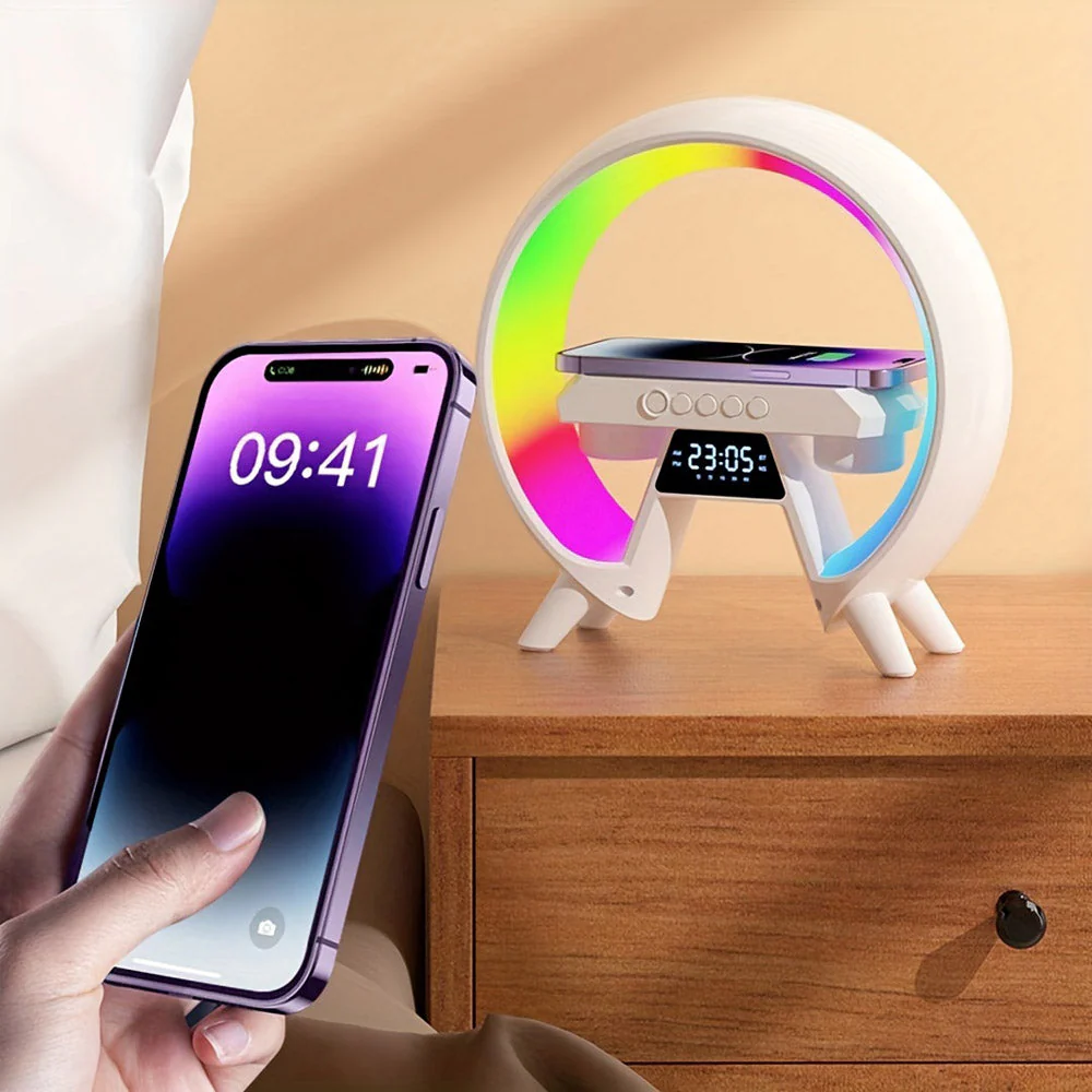 CRONY New G table lamp BT speaker with clock & wireless charge  Atmosphere Lamp Speaker, Dimmable Night Light Lamp Alarm Clock With Music Sync - Image 8