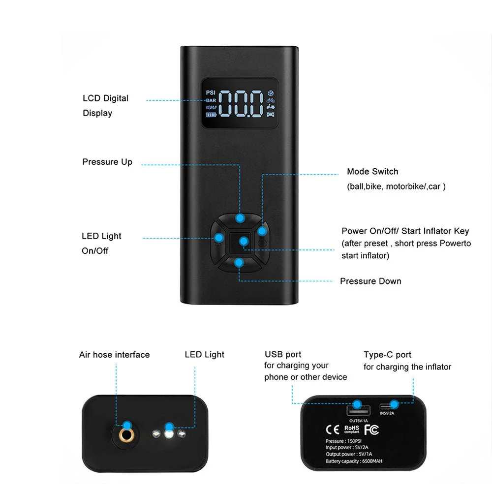 CRONY NEW Portable Electric Air Inflator 12v 150PSI Rechargeable 6500mAh Car Pump Tire Inflator Cordless Portable Compressor - Image 4