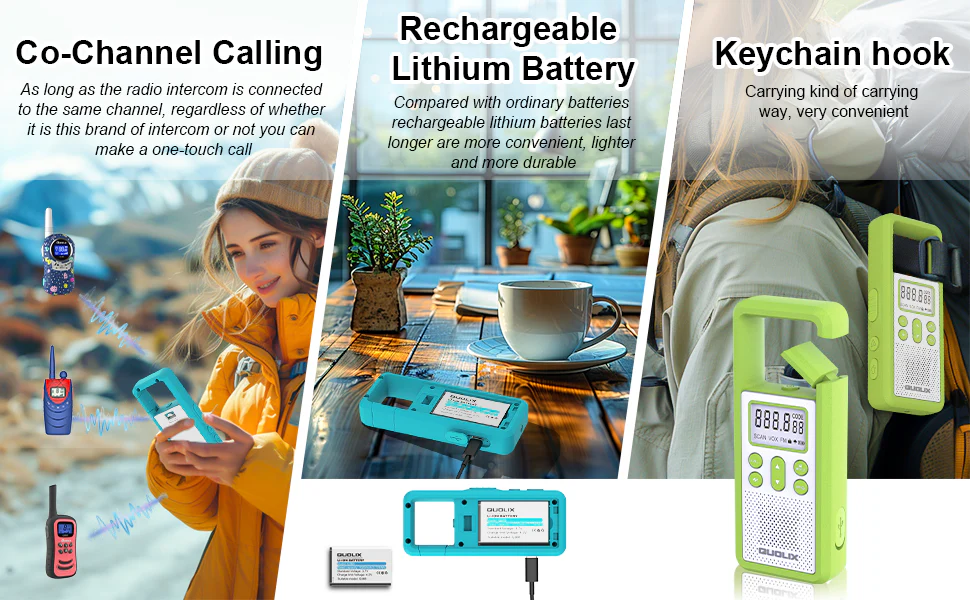 Crony Q368 Portable walkie talkleA built-in hook easily attaches to backpacks or belt loops to prevent loss. - Image 4