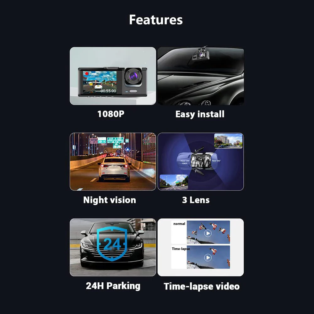 CRONY S11 Three-Camera 1920*1080 pushbutton dashcam 1080P DVR Dashcam Front Indoor and Rear View Camera Driving Recorder - Image 11