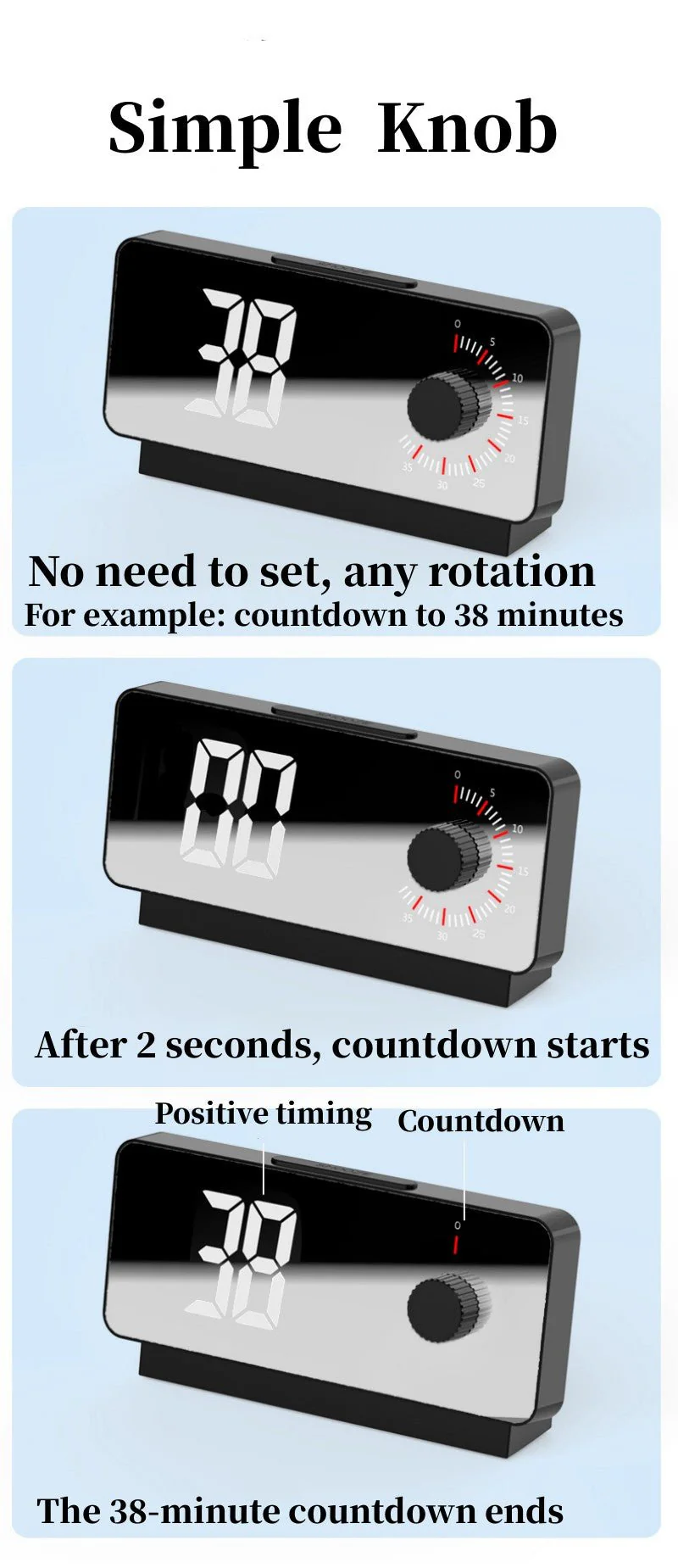 CRONY S238A Digital Alarm Clock with Visible Timer Snooze Temperature Date Knob Countdown Table Clock Dual Alarm Night Mode LED Clock - Image 13
