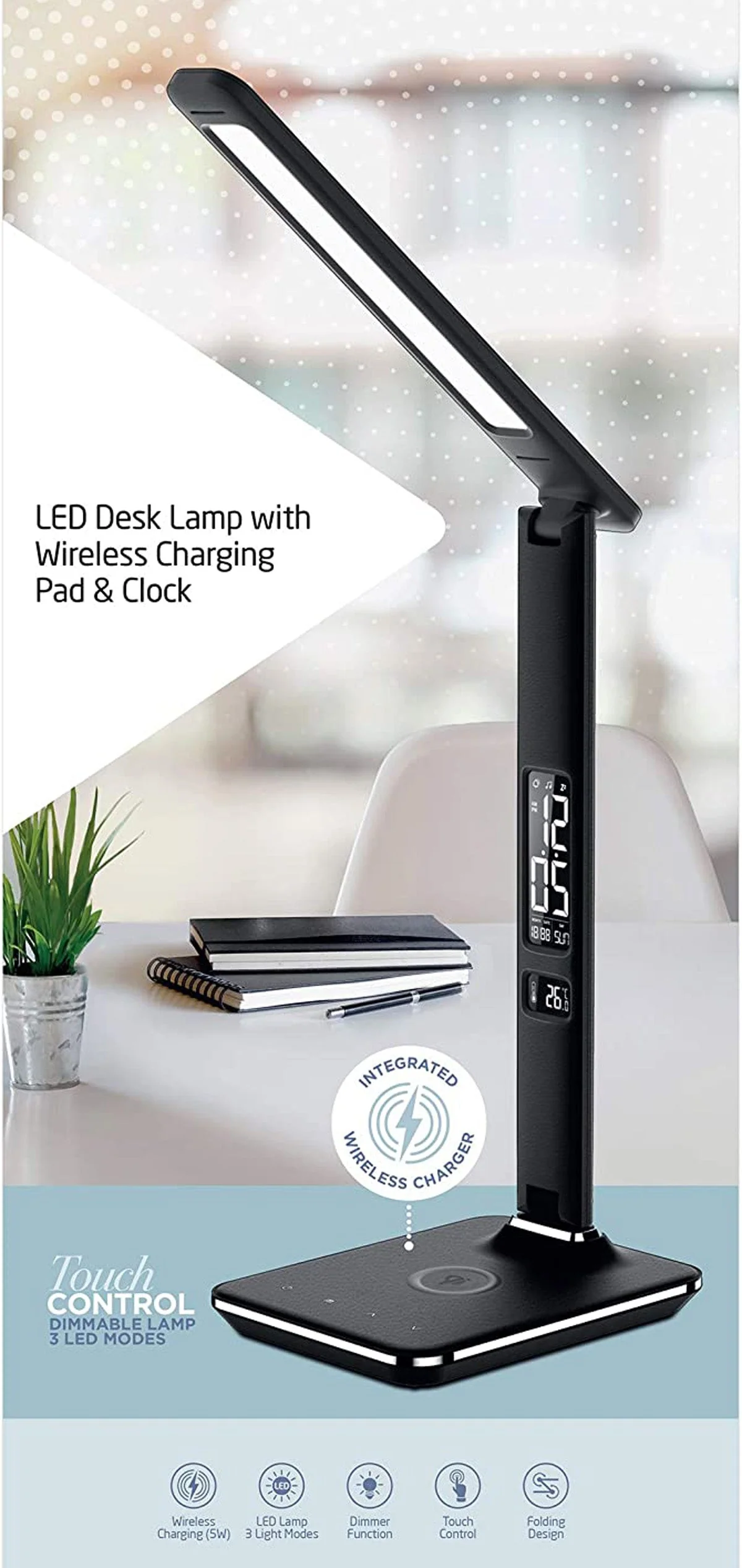 CRONY U13Q Table Lamp with wirelese charge-night light Clock LED Desk Lamp with Built-in Wireless Charger & Alarm Clock - Image 4
