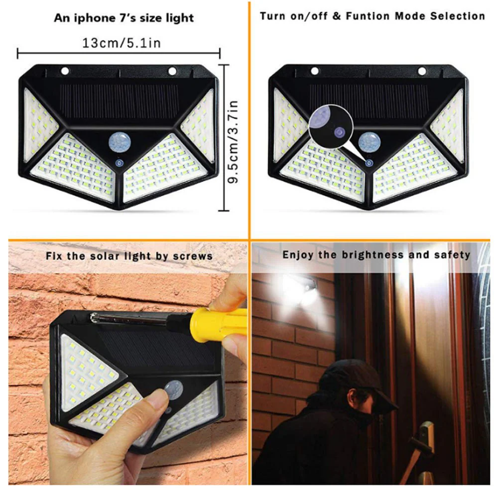 CRONY SH-100LED Solar Powered LED Wall Light Outdoor Backyard Garden Stair Solar Powered 4 Sides Lighting Wall Lamp 100LED Motion - Image 5