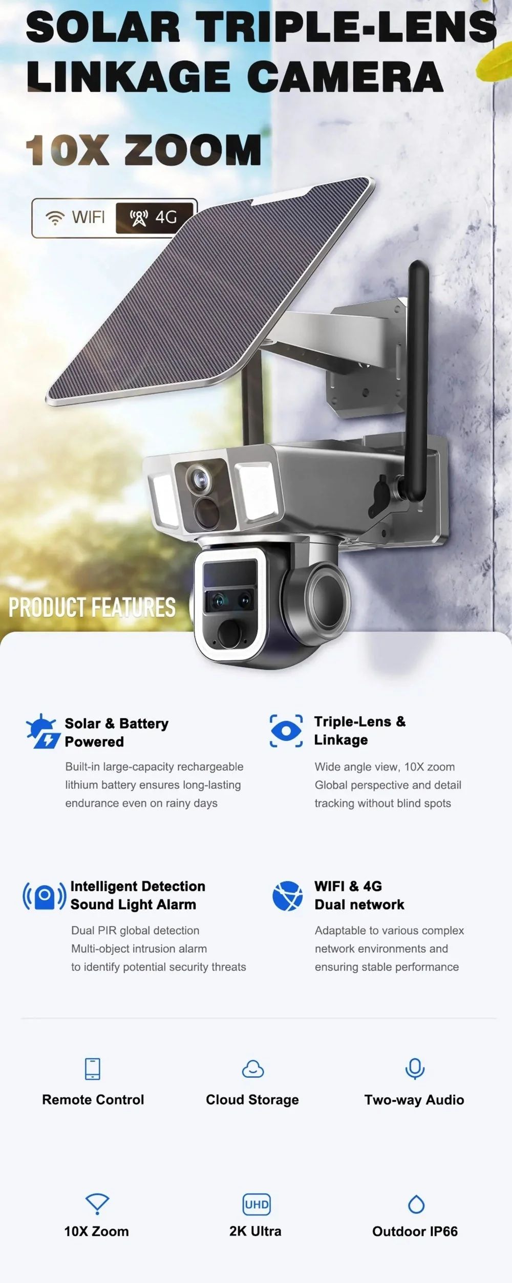 CRONY Y7A 4G-WiFi-4K-8MP(10X) Solar Triple-lens Linkage Camera CCTV 9W Solar Panel - Image 9