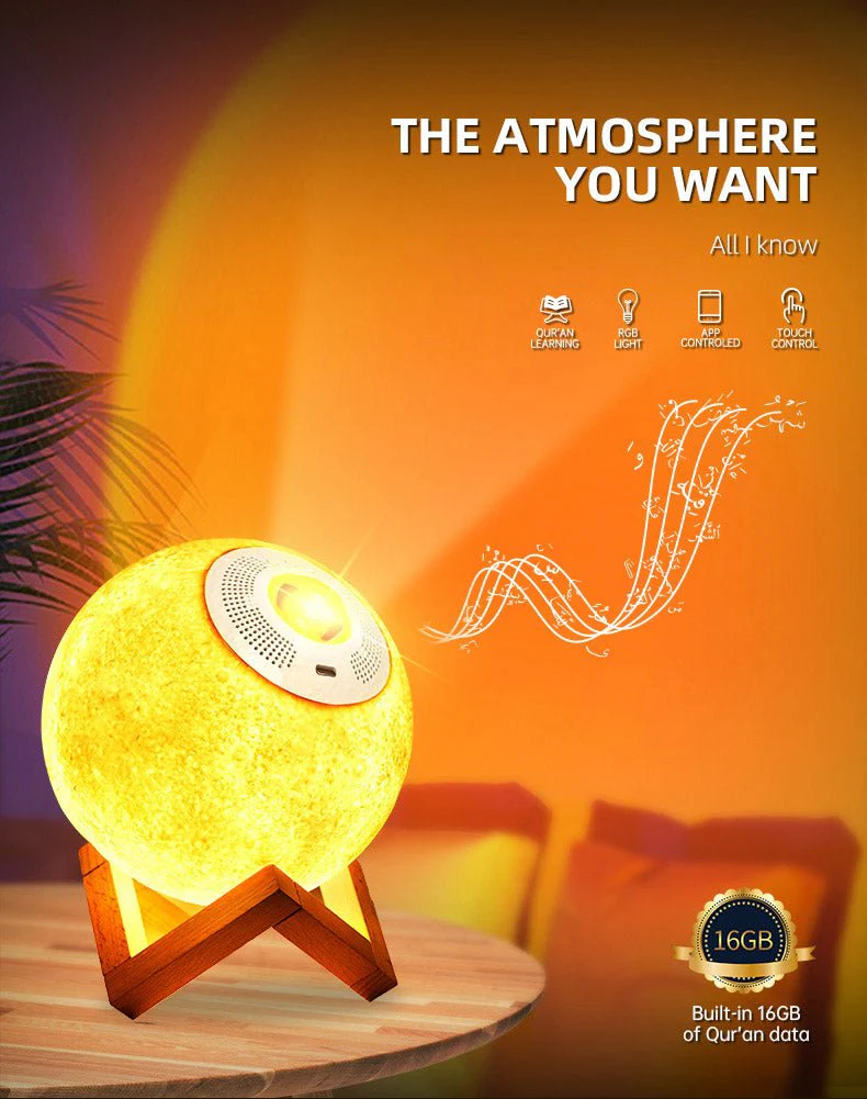 EQUANTU SQ-175 Creative Moon Lamp Quran Speaker Kids Night Light 7 Colors LED 3D Star Moon Light with Stand - Image 6