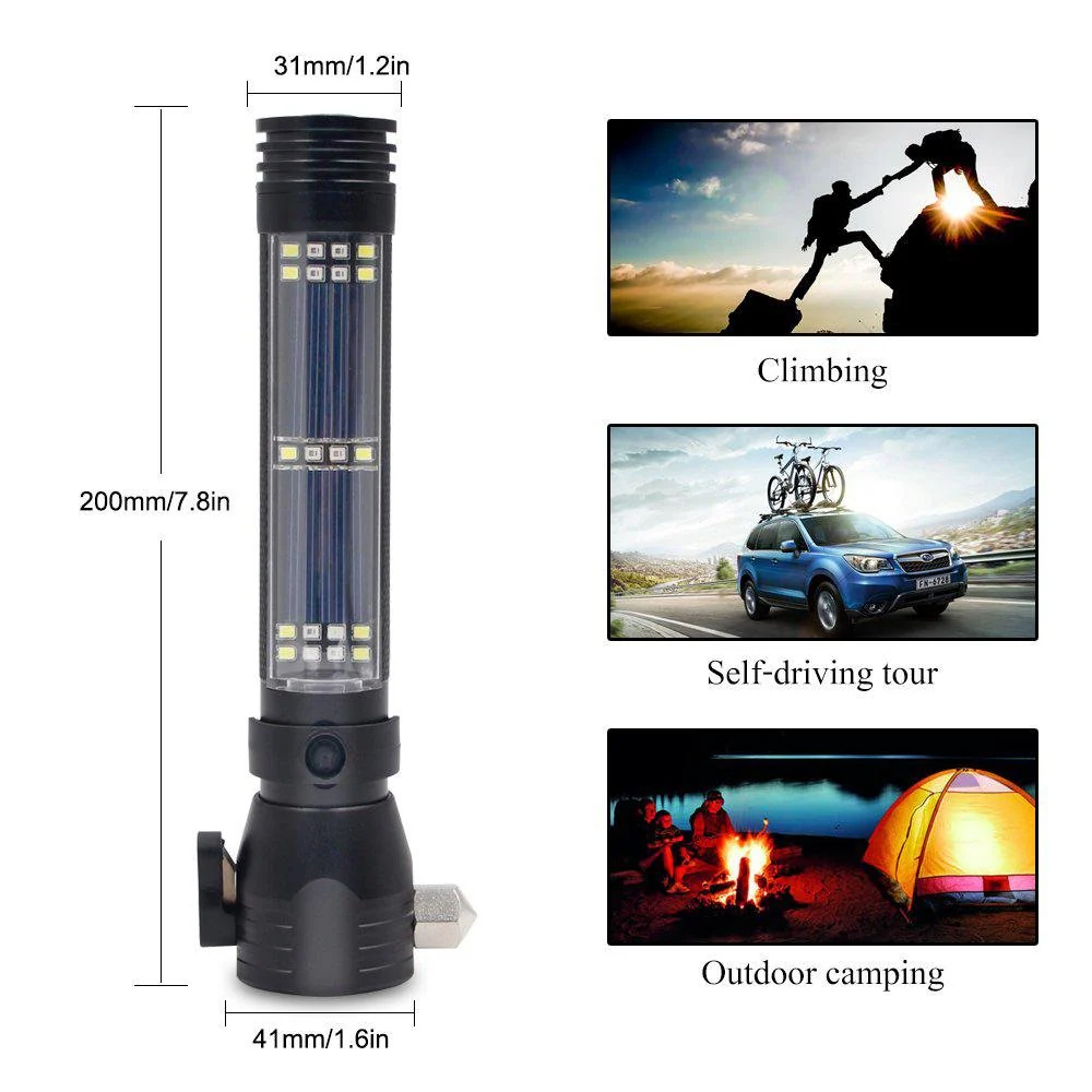 H04-T01 Solar Powered Tactical Flashlight Multi Function Outdoor Car LED Flashlight Ultra Bright Torch Light, with Safety Hammer - Image 4
