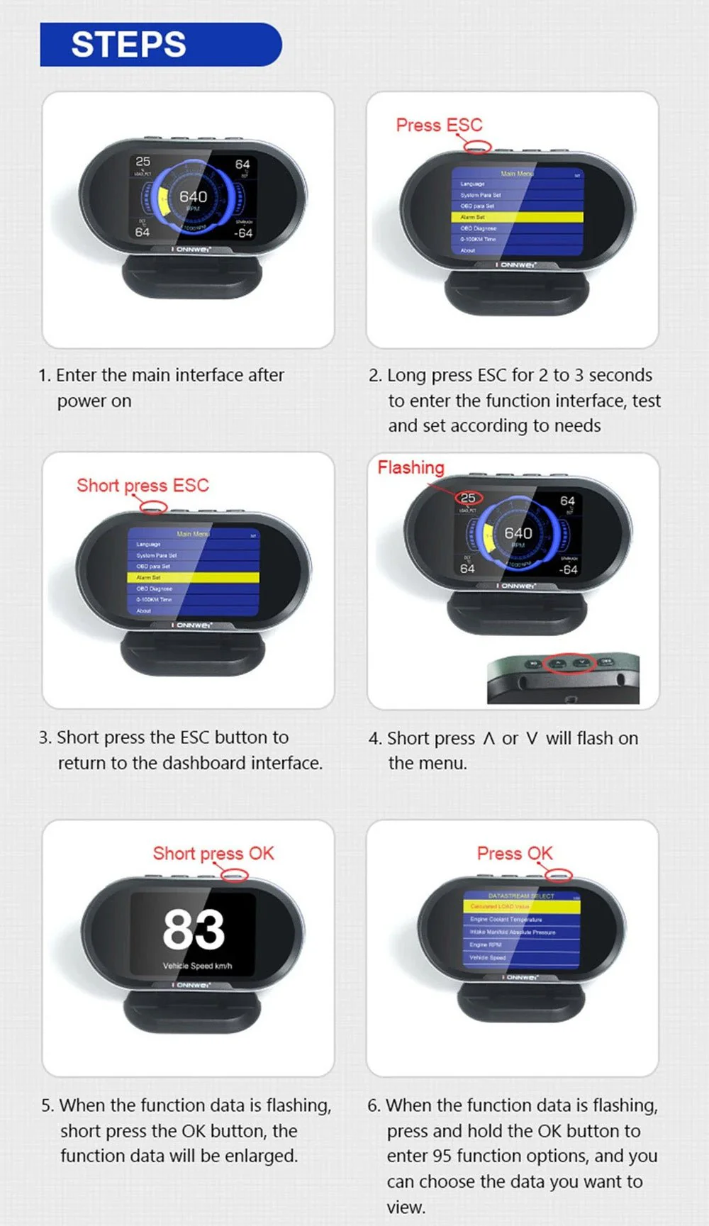 KONNWEI KW206 HUD OBD2 Car Diagnostic Scanner On-Board Computer Gauge DTC Engine Code Reader Voltage Test LCD Screen Built-in Speaker - Image 13