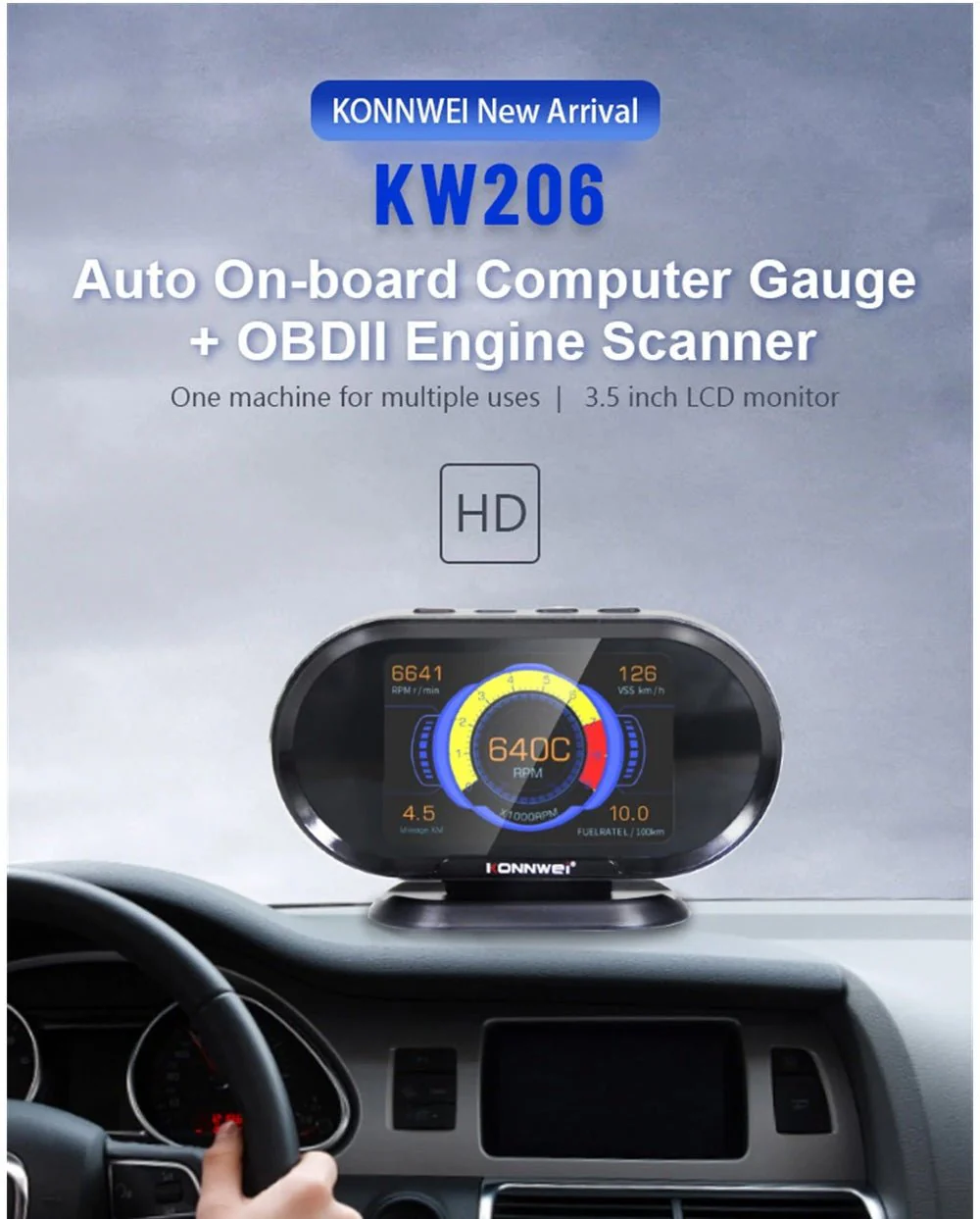 KONNWEI KW206 HUD OBD2 Car Diagnostic Scanner On-Board Computer Gauge DTC Engine Code Reader Voltage Test LCD Screen Built-in Speaker - Image 2