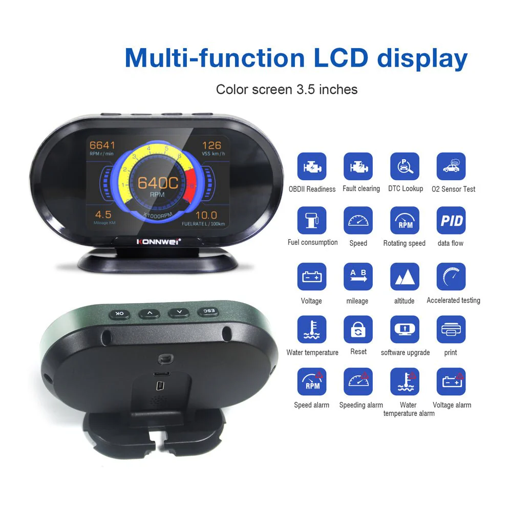 KONNWEI KW206 HUD OBD2 Car Diagnostic Scanner On-Board Computer Gauge DTC Engine Code Reader Voltage Test LCD Screen Built-in Speaker - Image 20