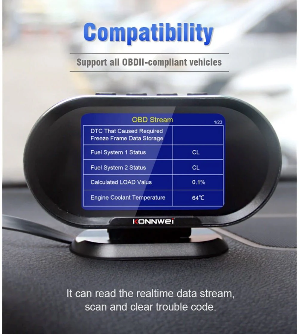 KONNWEI KW206 HUD OBD2 Car Diagnostic Scanner On-Board Computer Gauge DTC Engine Code Reader Voltage Test LCD Screen Built-in Speaker - Image 6