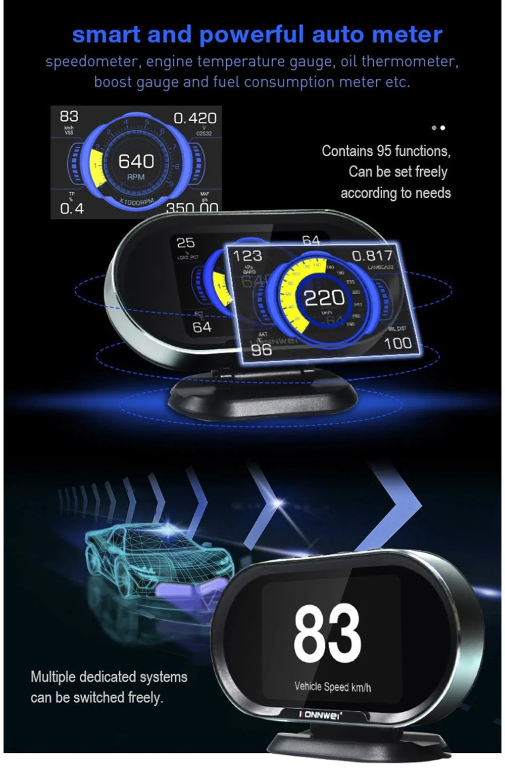 KONNWEI KW206 HUD OBD2 Car Diagnostic Scanner On-Board Computer Gauge DTC Engine Code Reader Voltage Test LCD Screen Built-in Speaker - Image 9