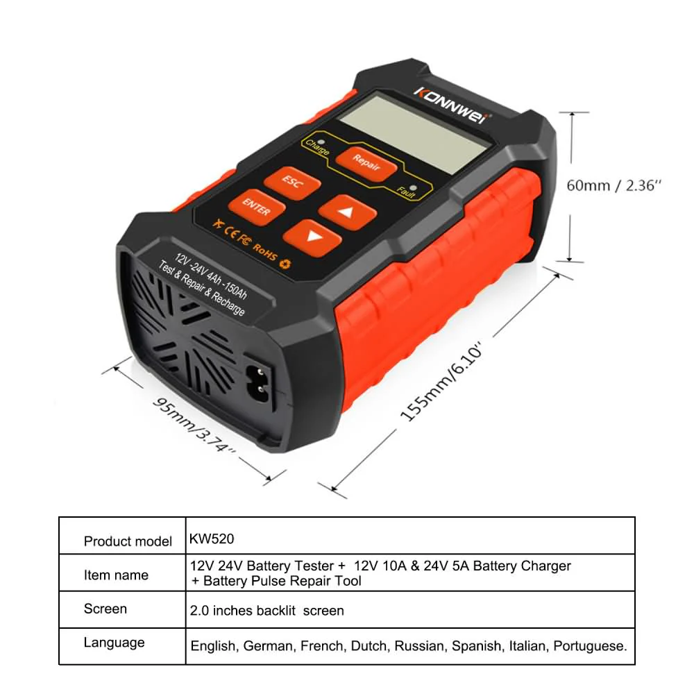 KONNWEI KW520 12V/10A-24V/5A Battery Tester+Charger+Repair Tool with tester and repair function - Image 17