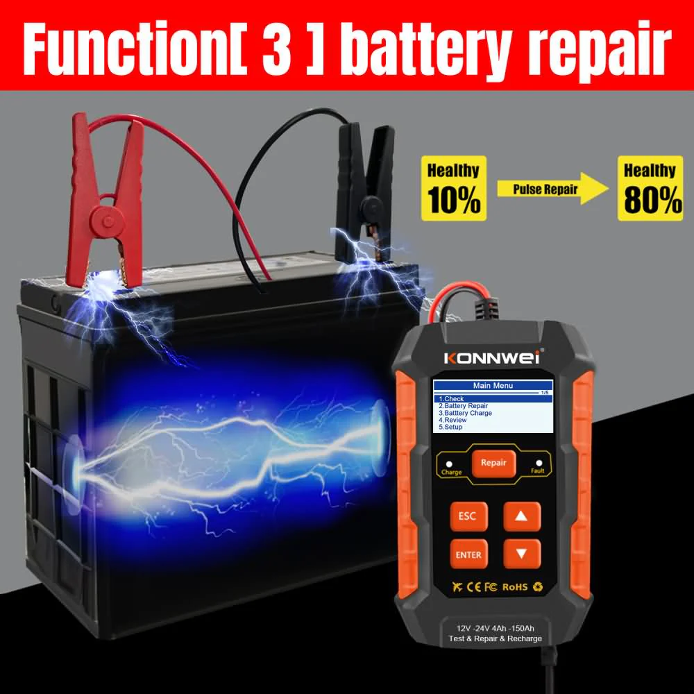KONNWEI KW520 12V/10A-24V/5A Battery Tester+Charger+Repair Tool with tester and repair function - Image 4