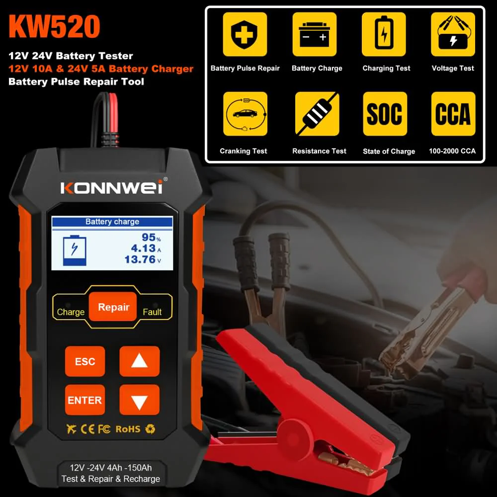 KONNWEI KW520 12V/10A-24V/5A Battery Tester+Charger+Repair Tool with tester and repair function - Image 7