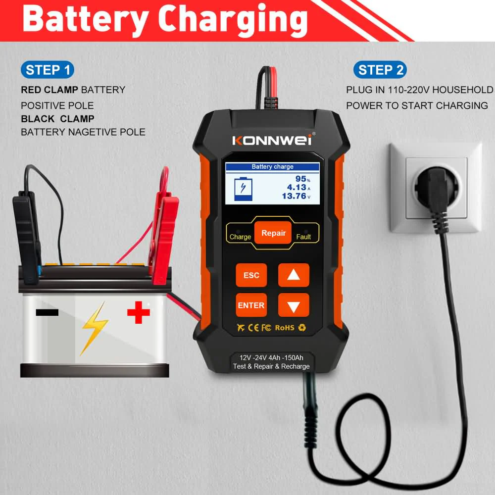 KONNWEI KW520 12V/10A-24V/5A Battery Tester+Charger+Repair Tool with tester and repair function - Image 8
