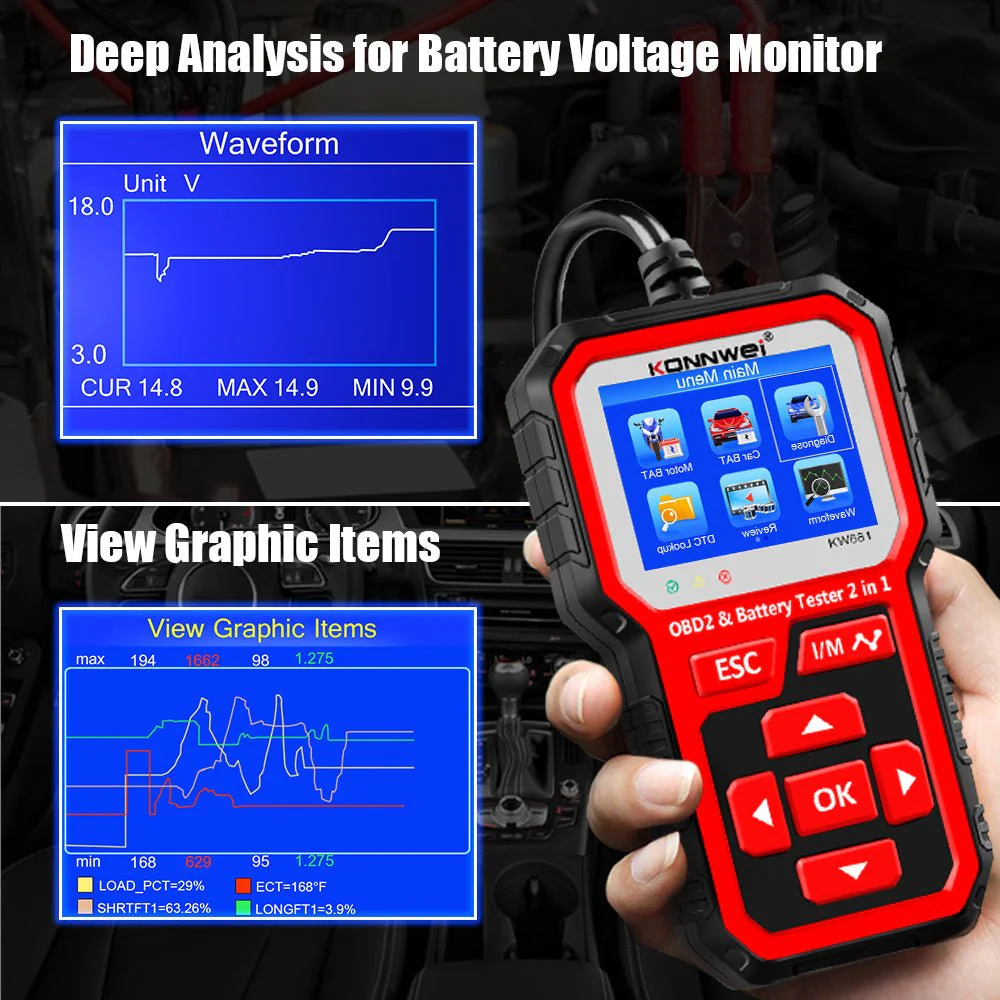 KONNWEI  KW681 Car & Motorcycle Battery Tester OBDII Diagnostic Scann - Image 12
