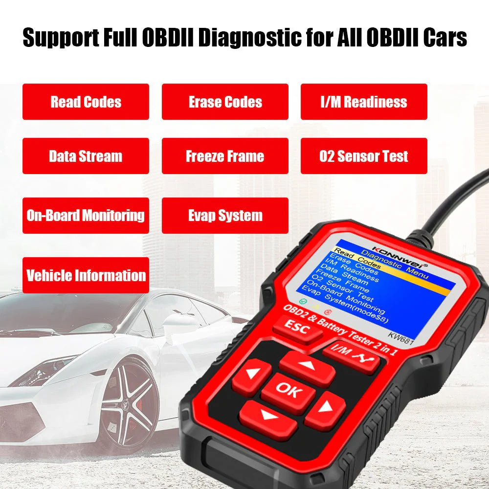 KONNWEI  KW681 Car & Motorcycle Battery Tester OBDII Diagnostic Scann - Image 3