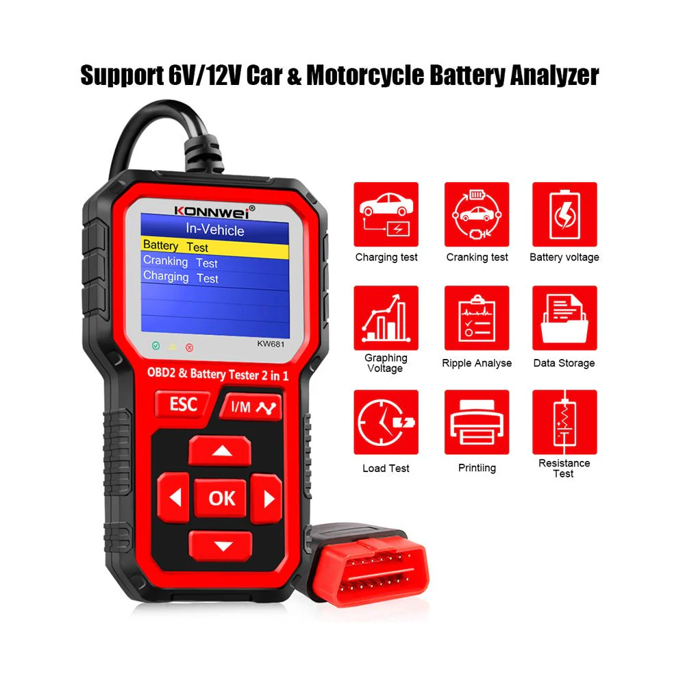 KONNWEI  KW681 Car & Motorcycle Battery Tester OBDII Diagnostic Scann - Image 4