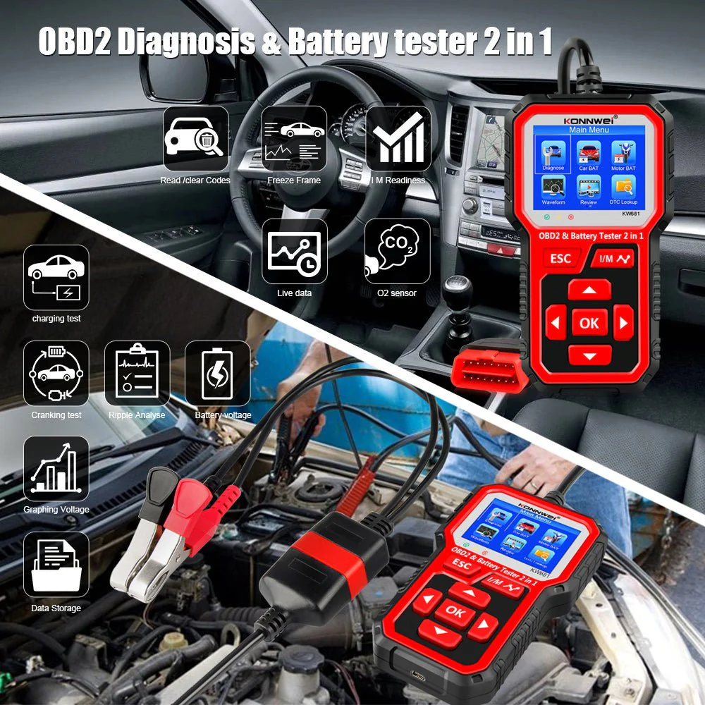 KONNWEI  KW681 Car & Motorcycle Battery Tester OBDII Diagnostic Scann - Image 9