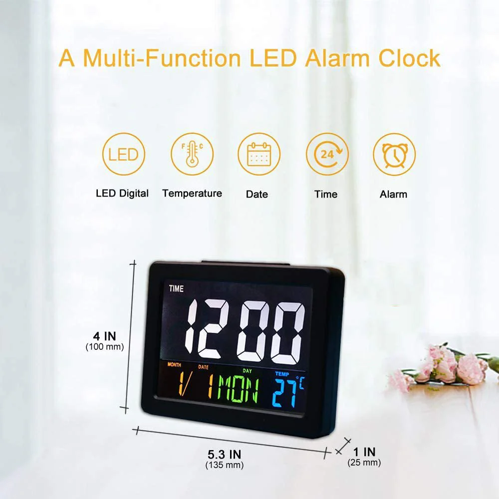 CRONY  GH-2000 Color Electronic Clock Bedside Large Screen LED Alarm Clock with Date, Temperature | White - Image 10