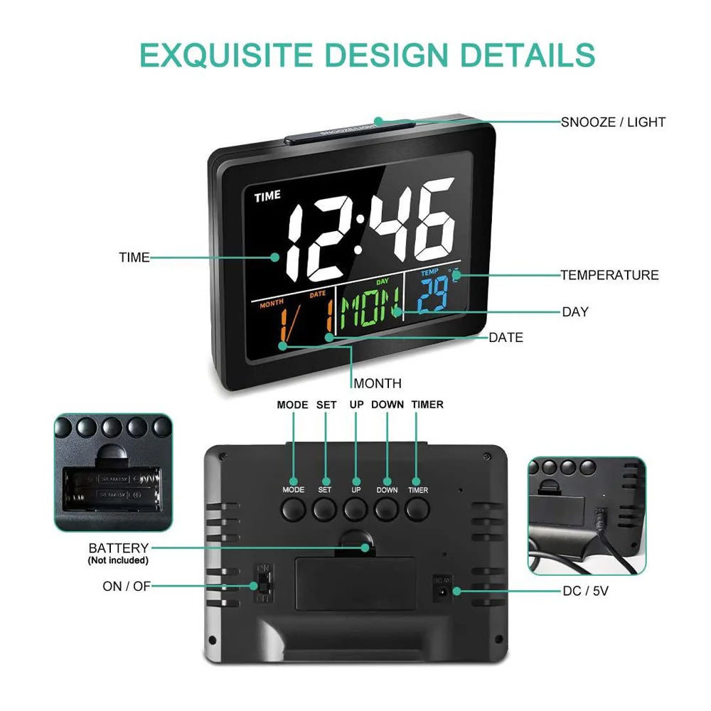 CRONY  GH-2000 Color Electronic Clock Bedside Large Screen LED Alarm Clock with Date, Temperature | White - Image 5