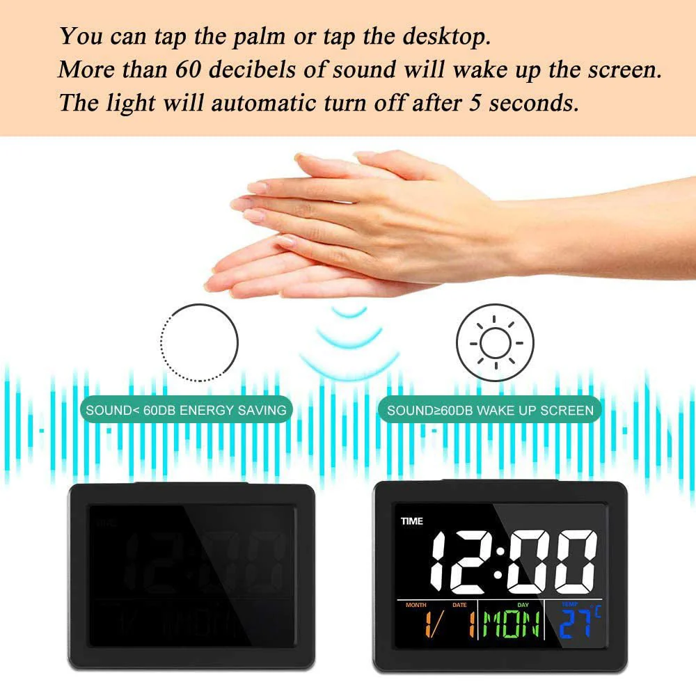 CRONY  GH-2000 Color Electronic Clock Bedside Large Screen LED Alarm Clock with Date, Temperature | White - Image 8