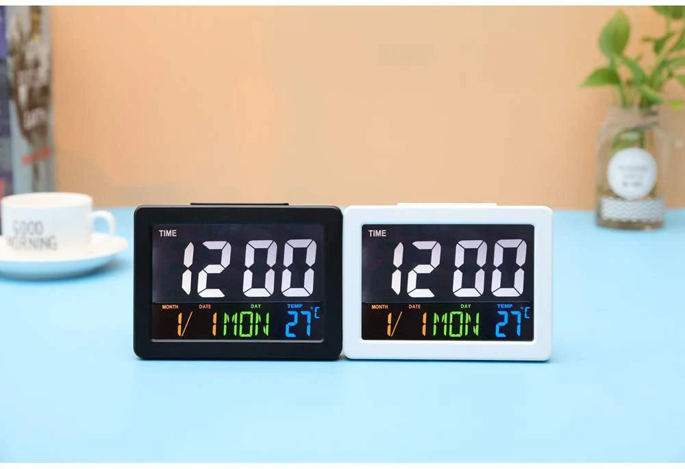 CRONY  GH-2000 Color Electronic Clock Bedside Large Screen LED Alarm Clock with Date, Temperature | White - Image 9