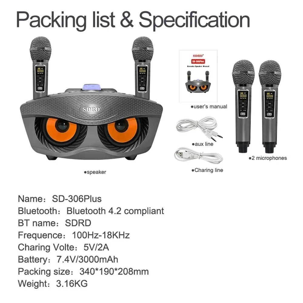 SDRD SD306 Plus 30W Karaoke Player Dual bluetooth 4.2 Speaker Family KTV Stereo Mic Big Sound Speaker with 2 Wireless Microphones-Grey - Image 10