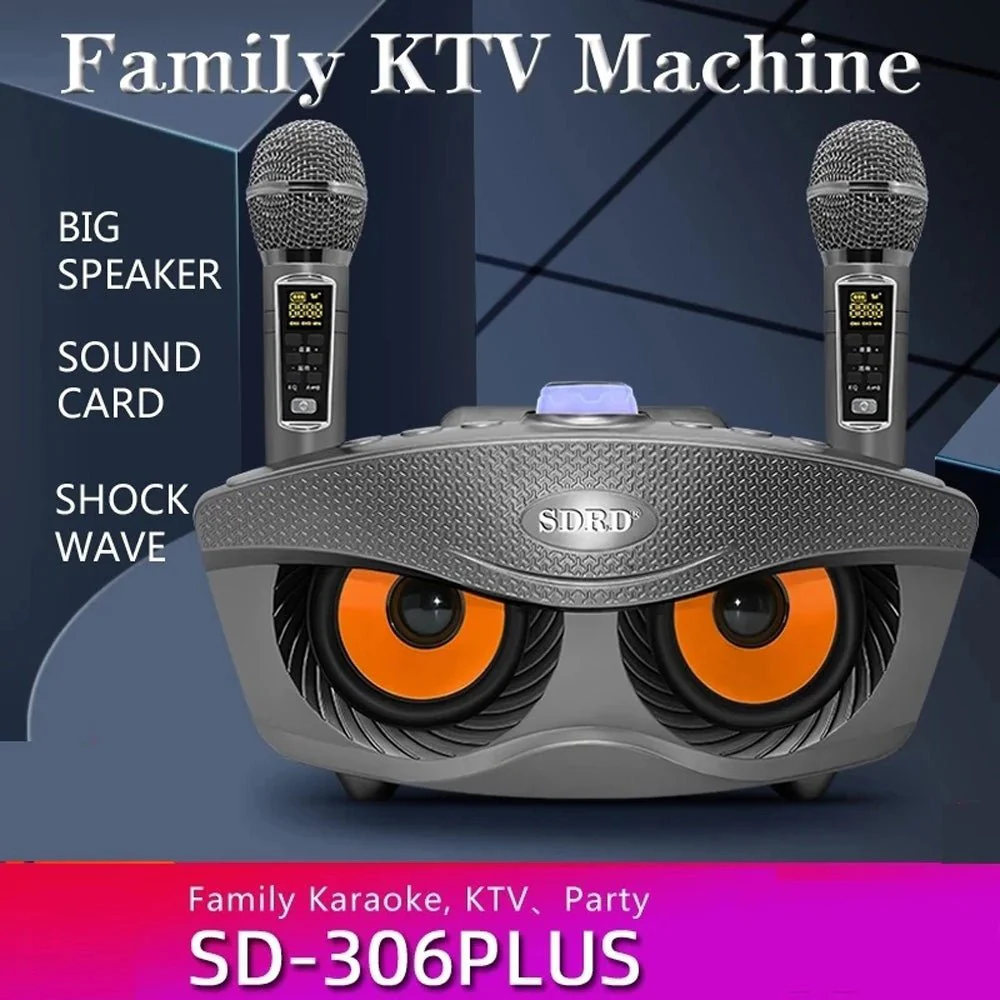 SDRD SD306 Plus 30W Karaoke Player Dual bluetooth 4.2 Speaker Family KTV Stereo Mic Big Sound Speaker with 2 Wireless Microphones-Grey - Image 4
