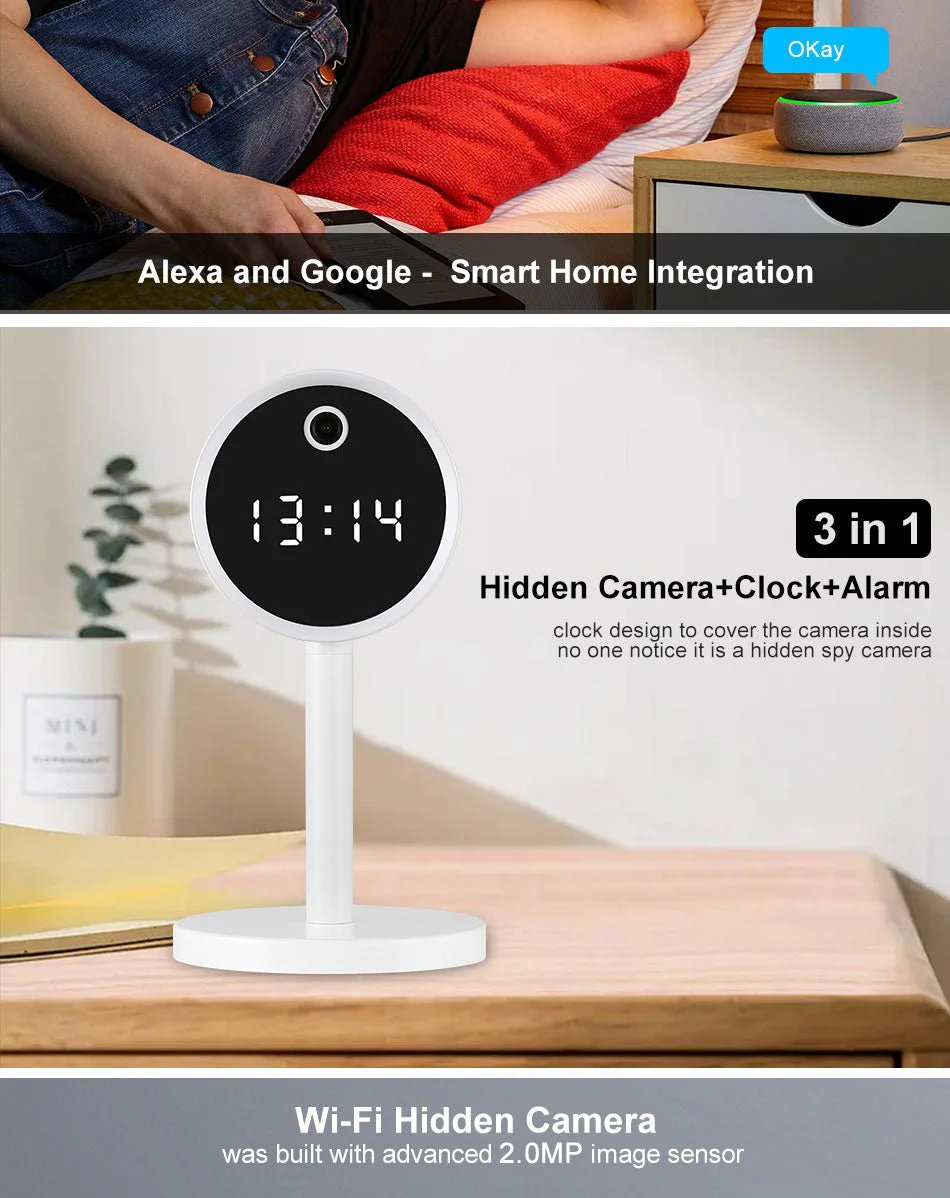 CRONY X8-1080P-WiFi Clock Camera Wireless Clock Camera Head Design Table Clock - Image 7
